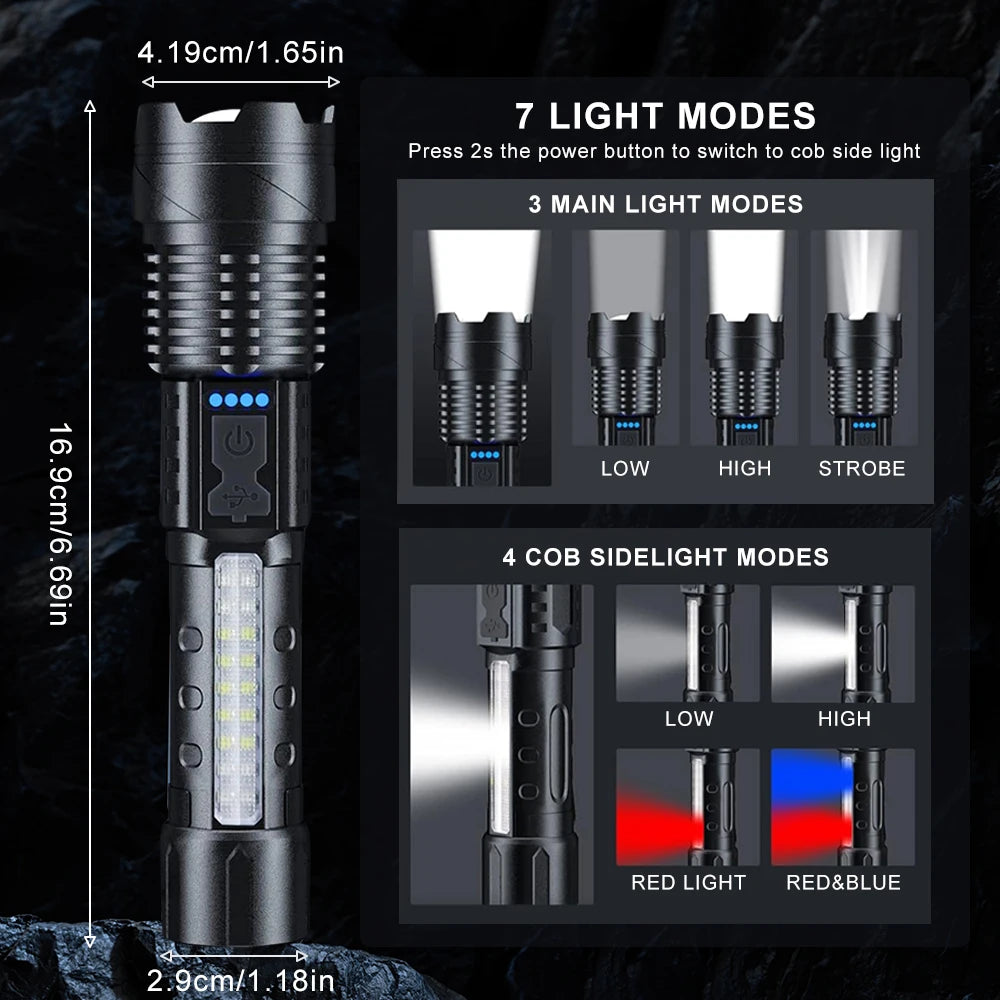 Zoomable Super Bright 30W 7 Mode COB LED Tactical Flashlight Portable Rechargeable Outdoor Lamp Built in Battery