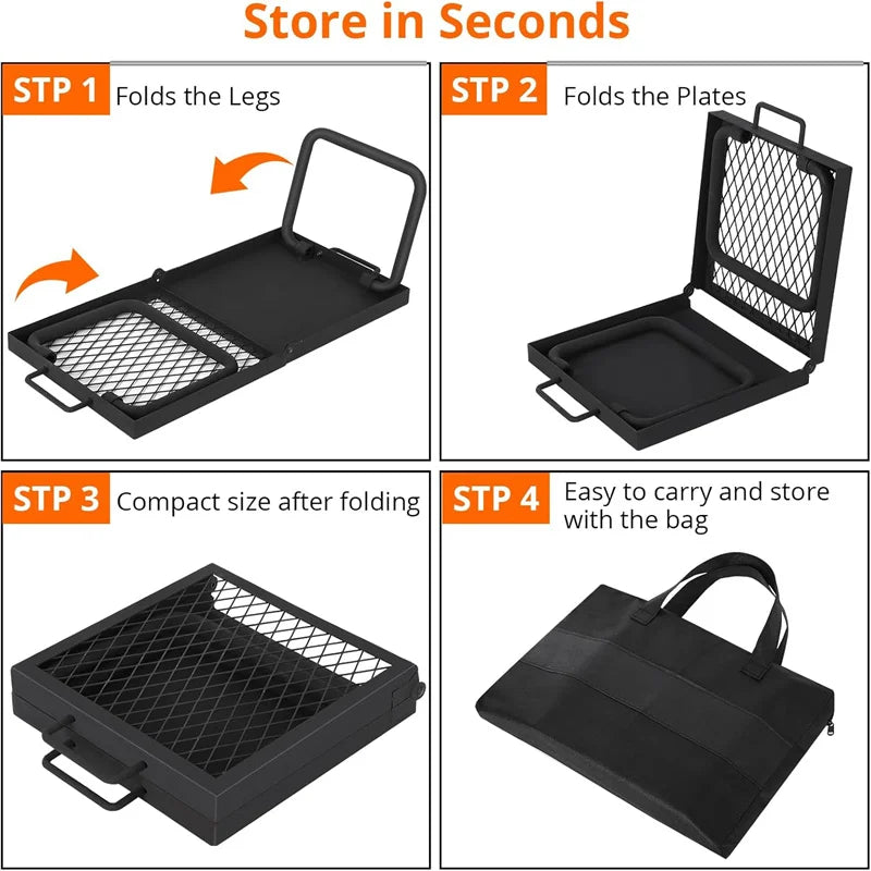 Folding Campfire Grill, Heavy Duty Steel Mesh Grate