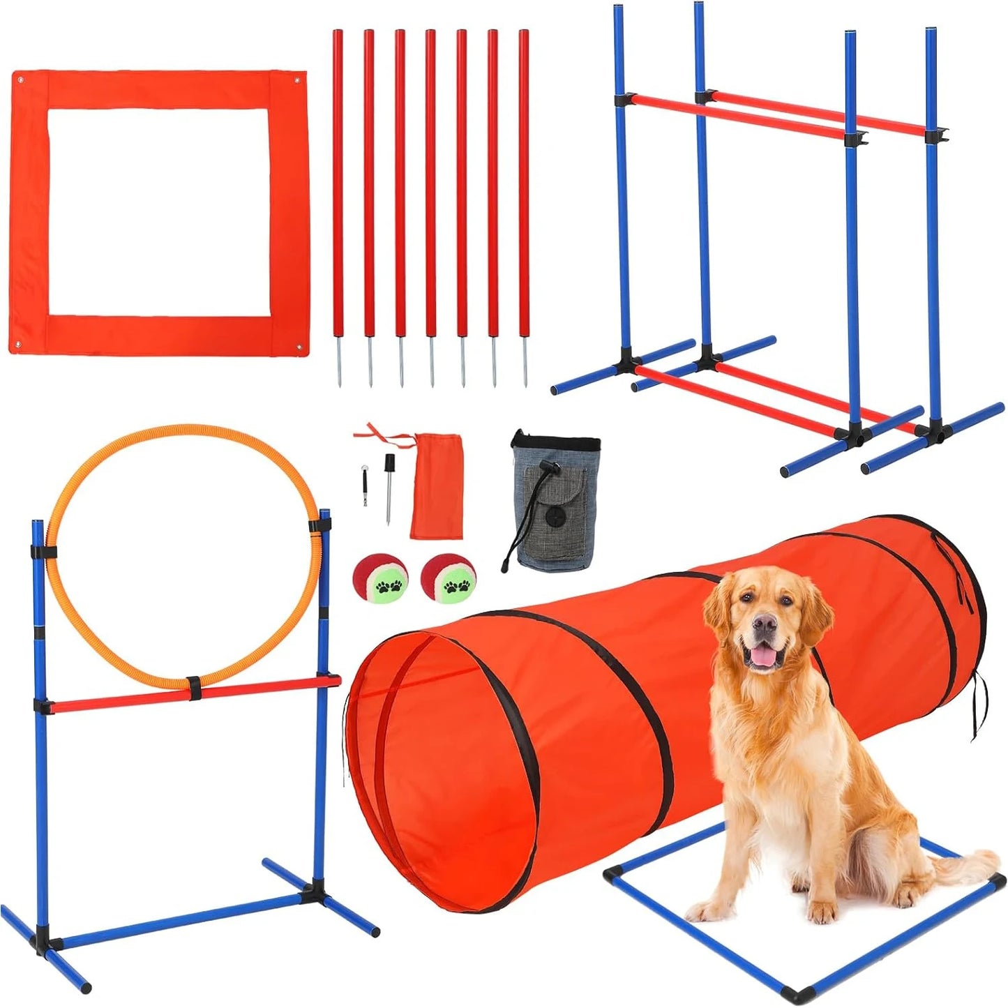 87 Pcs Dog Agile Training Equipment Set Obstacle Course Kit with 70 Inch Tunnel Tire Jump Hurdle Jump and Weave Poles for Outdoor Game