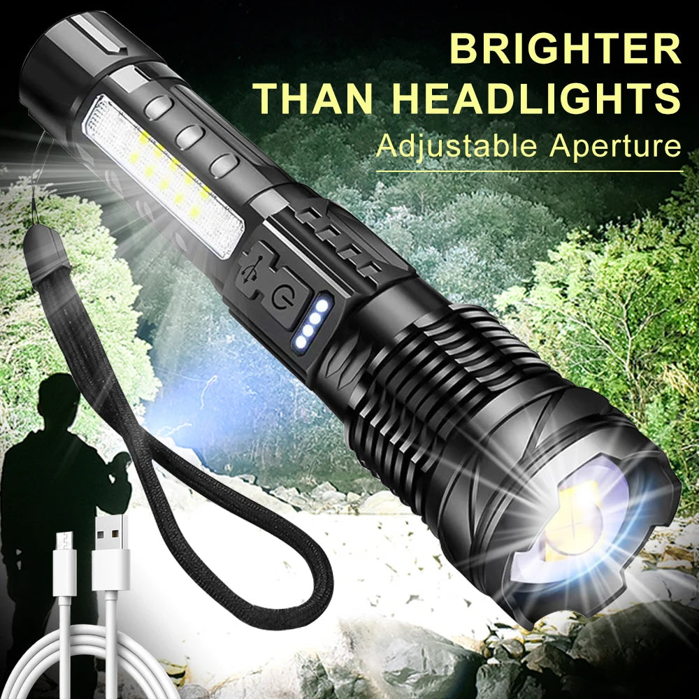 Zoomable Super Bright 30W 7 Mode COB LED Tactical Flashlight Portable Rechargeable Outdoor Lamp Built in Battery