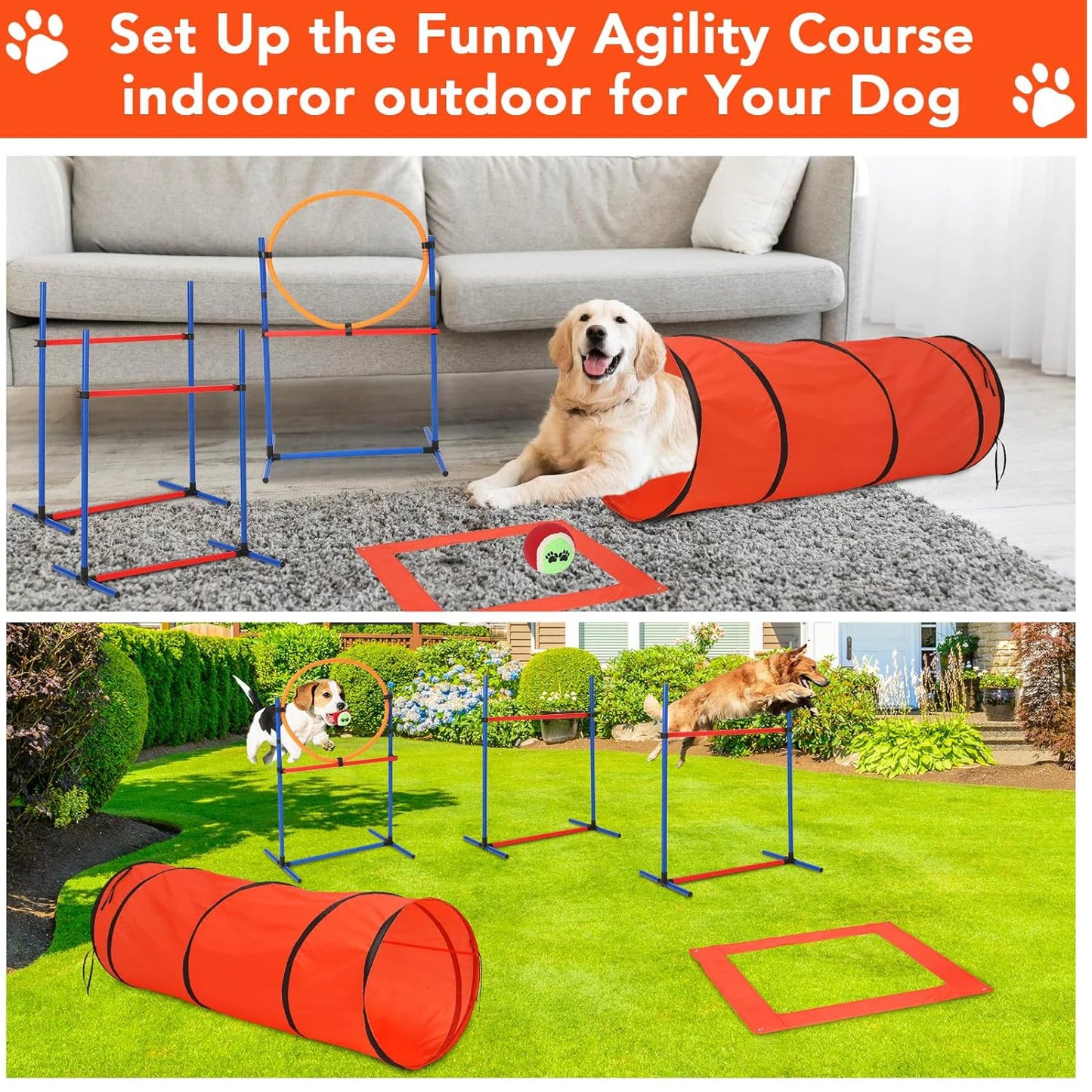 87 Pcs Dog Agile Training Equipment Set Obstacle Course Kit with 70 Inch Tunnel Tire Jump Hurdle Jump and Weave Poles for Outdoor Game