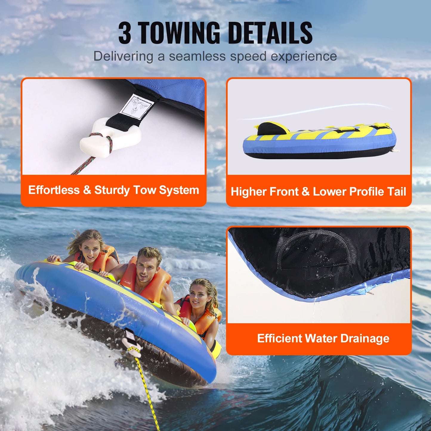 SucceBuy Towable Tube for Boating, 1-3 Riders Inflatable Towable Tube with Bumper Fins, 510 lbs Water Sport Towable Tubess