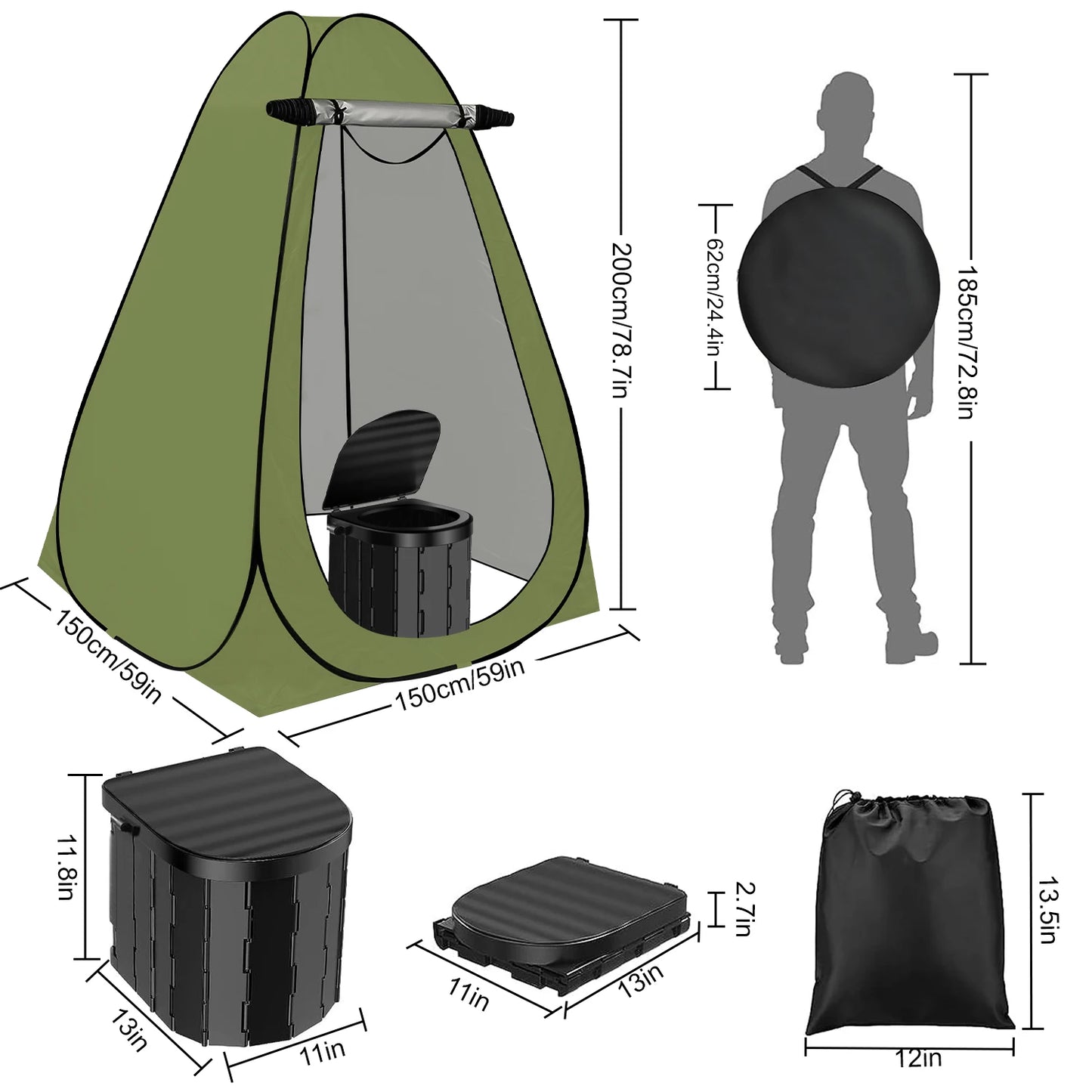 Camping Toilet with 1.5m Pop Up Privacy Tent For Adults