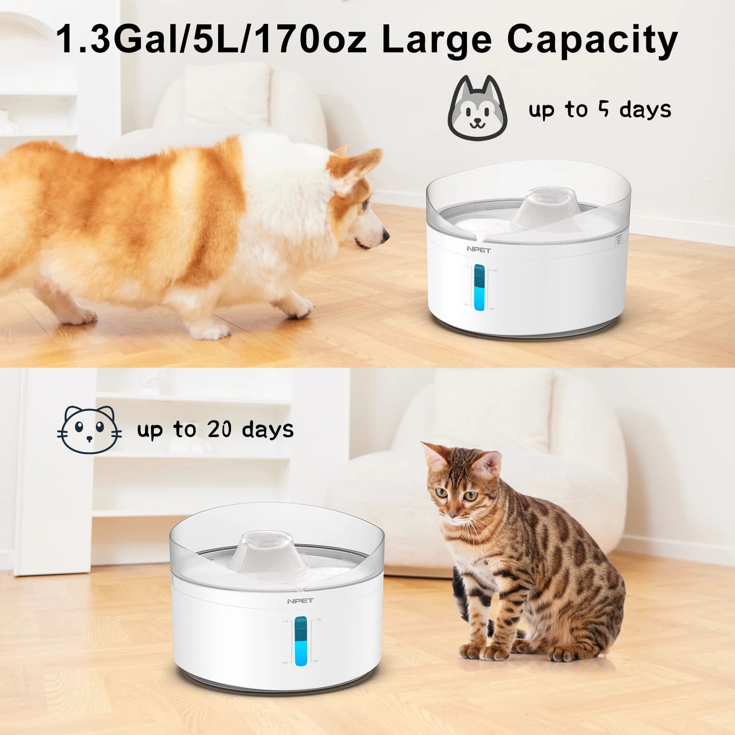 Automatic Dog Water Fountain 5L Large Capacity 170OZ Triple Filter System With Water And Light Controller