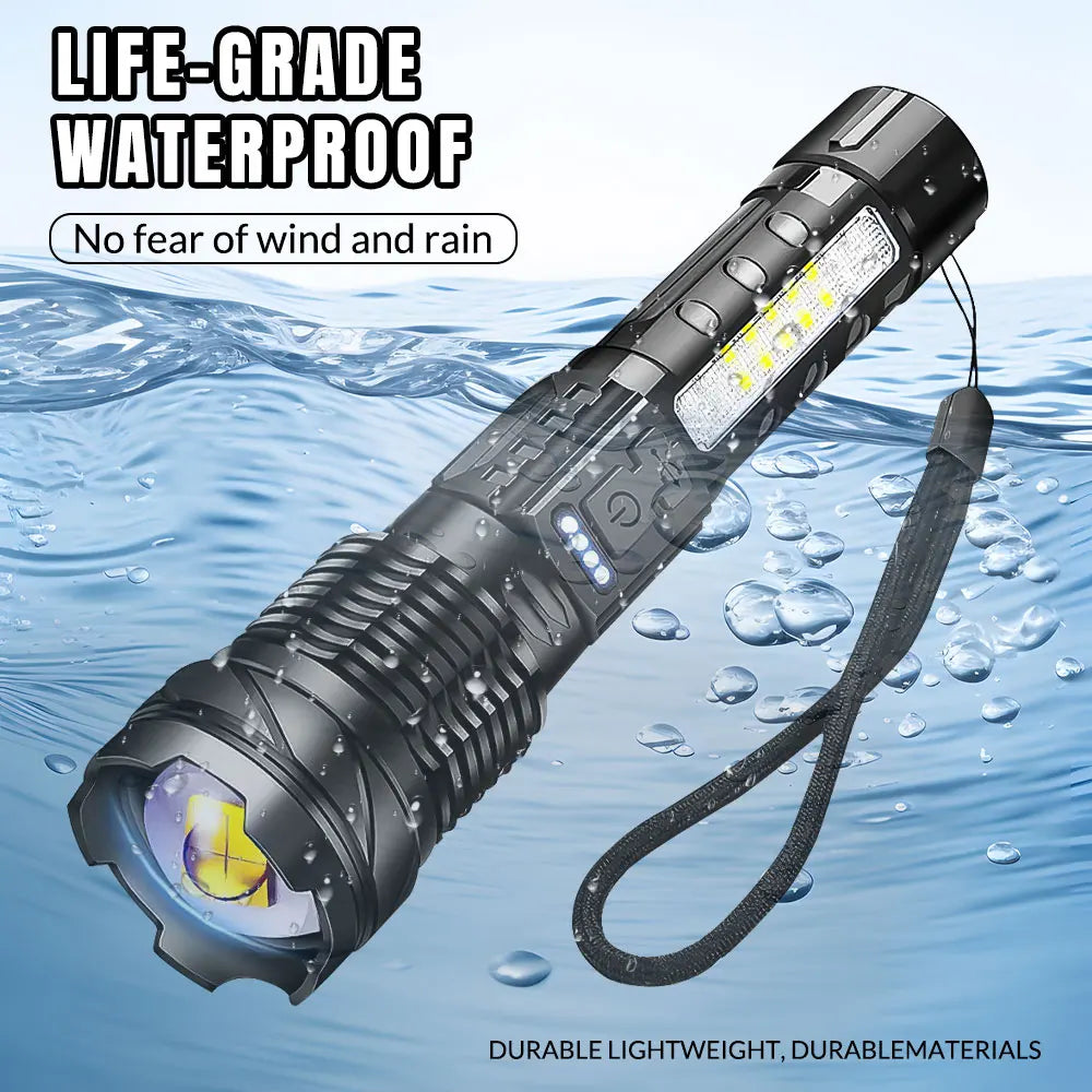 Zoomable Super Bright 30W 7 Mode COB LED Tactical Flashlight Portable Rechargeable Outdoor Lamp Built in Battery