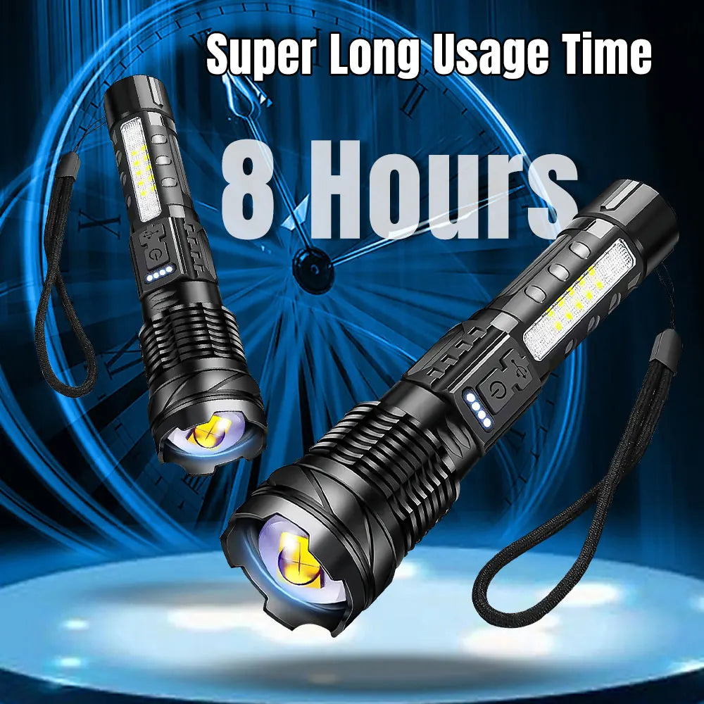 Zoomable Super Bright 30W 7 Mode COB LED Tactical Flashlight Portable Rechargeable Outdoor Lamp Built in Battery