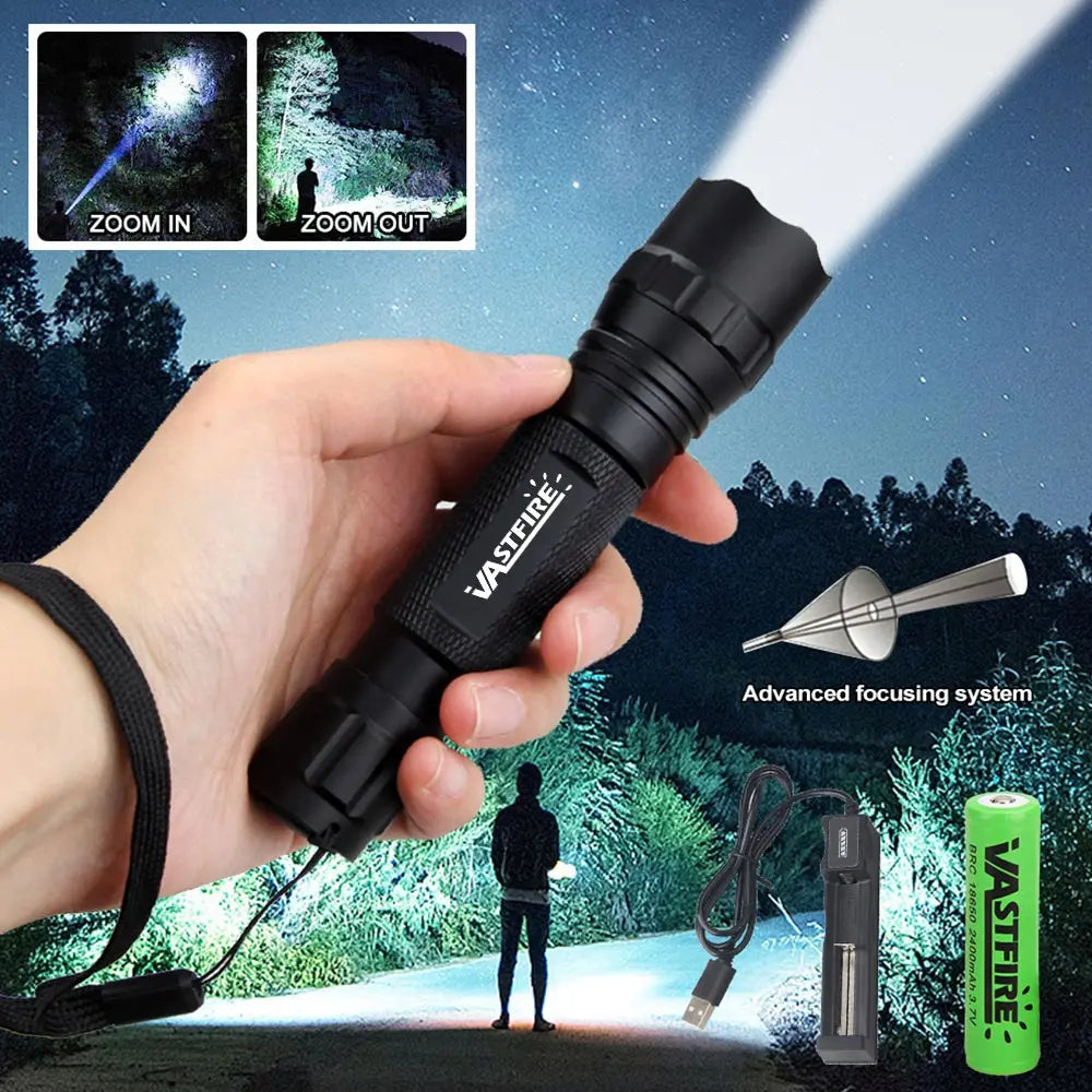 Super Bright Flashlight Torch, Zoomable High Power Light For Night Hunting, Outdoor Camping Fishing, Rechargeable 18650Battery