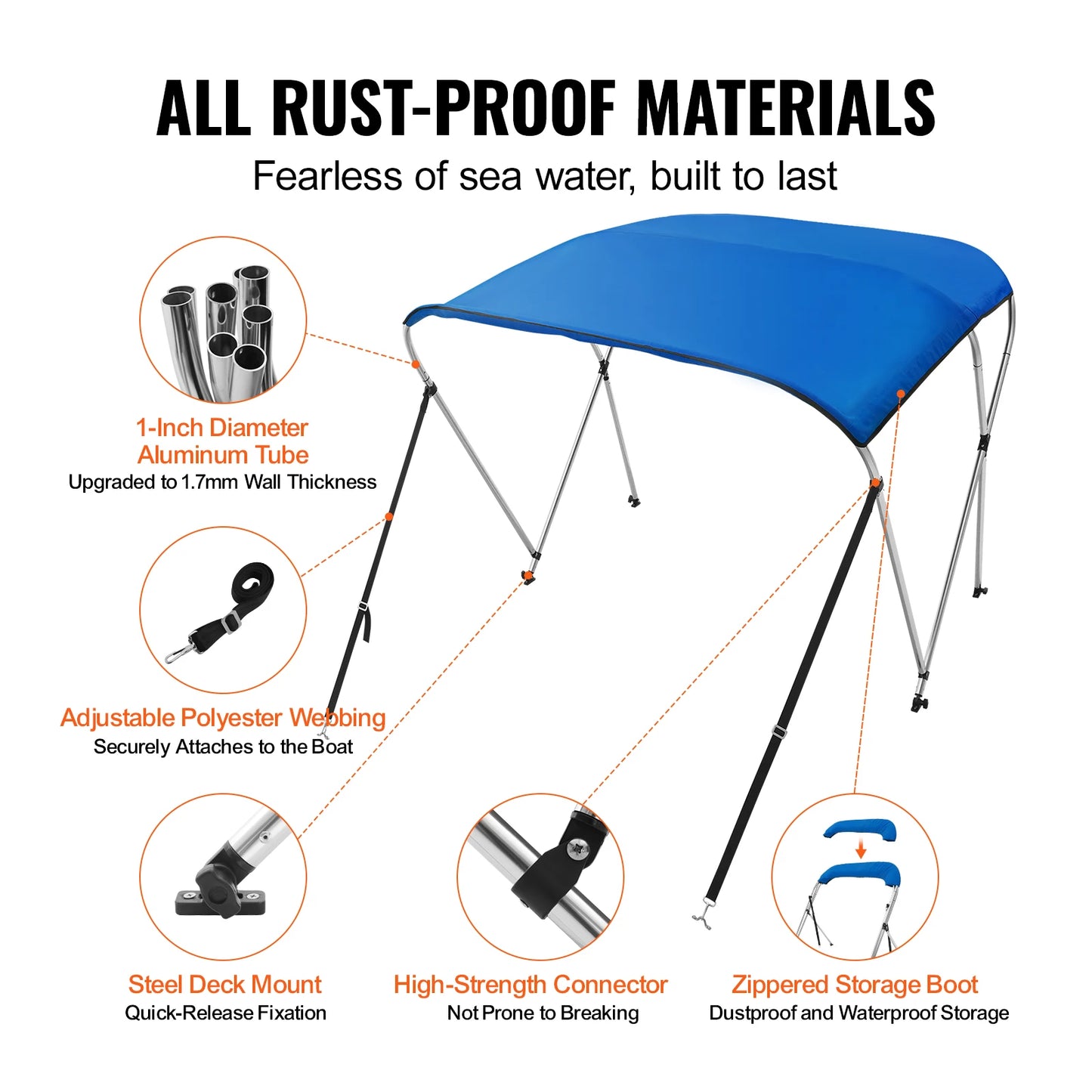VEVOR 3 Bow Bimini Top Boat Cover900D Polyester Canopy with 1" Aluminum Alloy Frame Waterproof and Sun Shade, Includes Storage