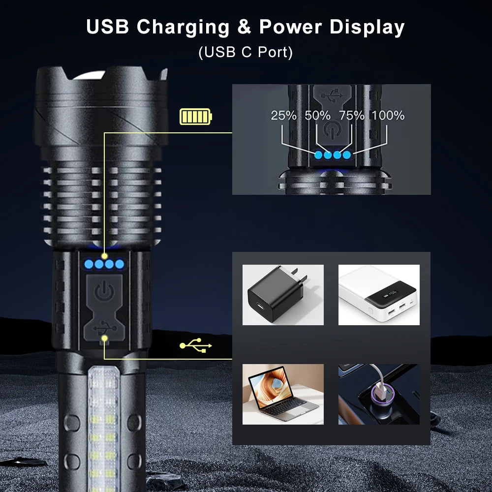Zoomable Super Bright 30W 7 Mode COB LED Tactical Flashlight Portable Rechargeable Outdoor Lamp Built in Battery