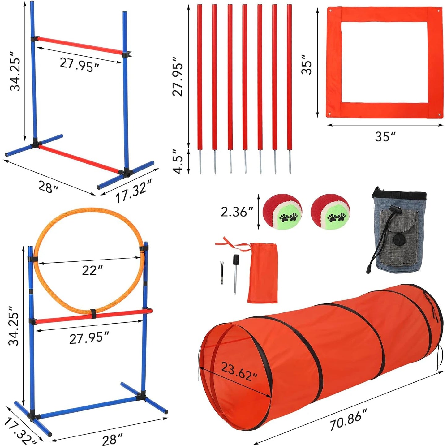 87 Pcs Dog Agile Training Equipment Set Obstacle Course Kit with 70 Inch Tunnel Tire Jump Hurdle Jump and Weave Poles for Outdoor Game