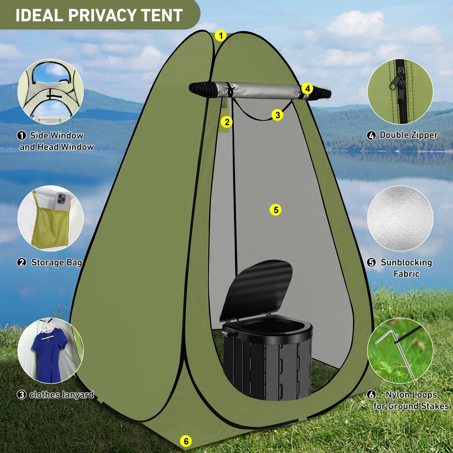 Camping Toilet with 1.5m Pop Up Privacy Tent For Adults