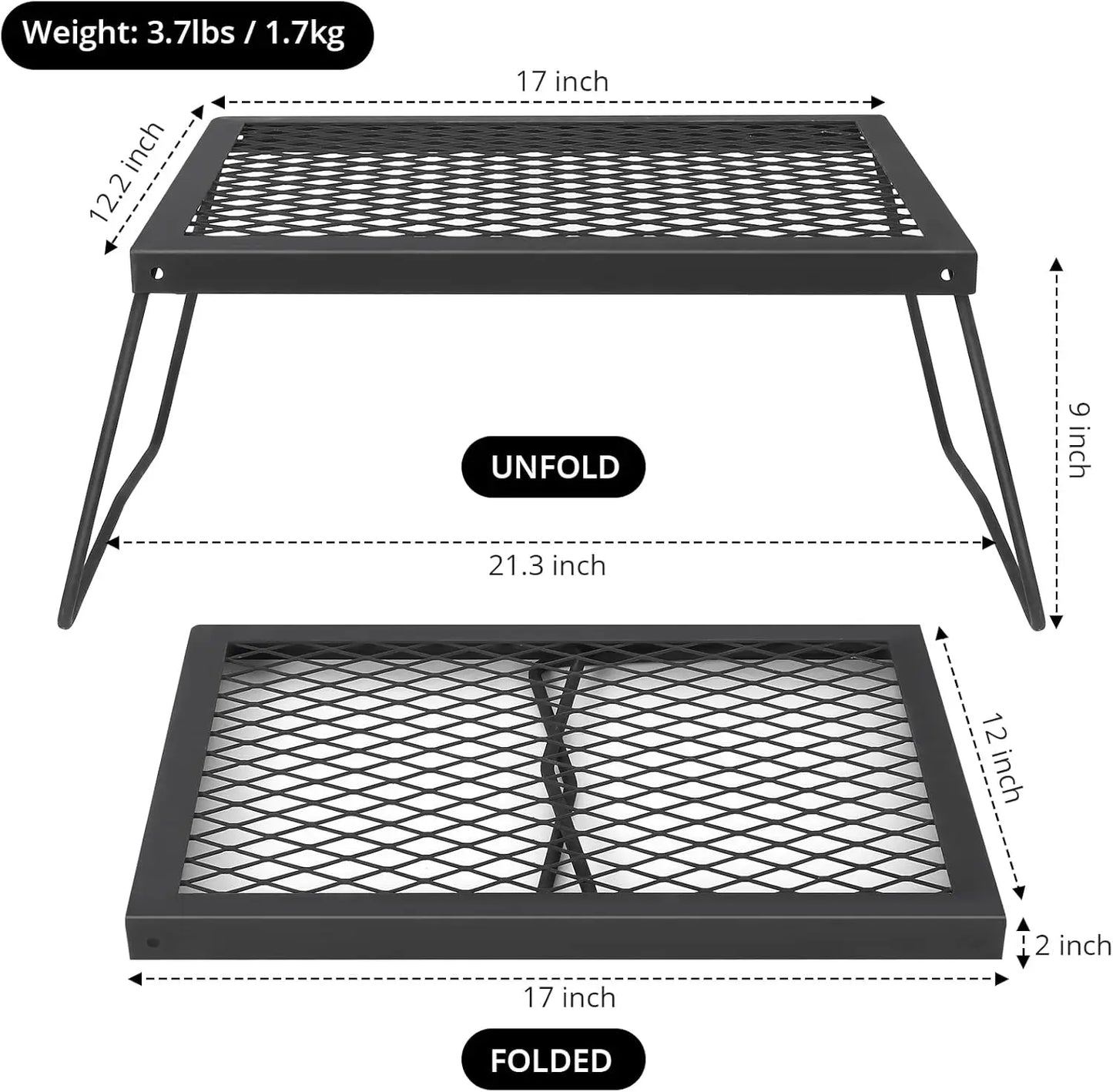 Folding Campfire Grill, Heavy Duty Steel Mesh Grate