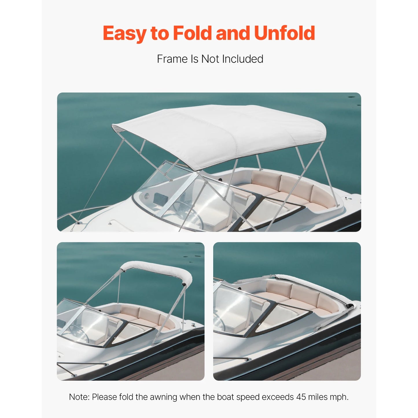 VEVOR 4 Bow Boat Bimini Tops 600D Waterproof and Sun Protection Boat Awning Canopy with Storage Bag, Boat Bimini Top Replacement