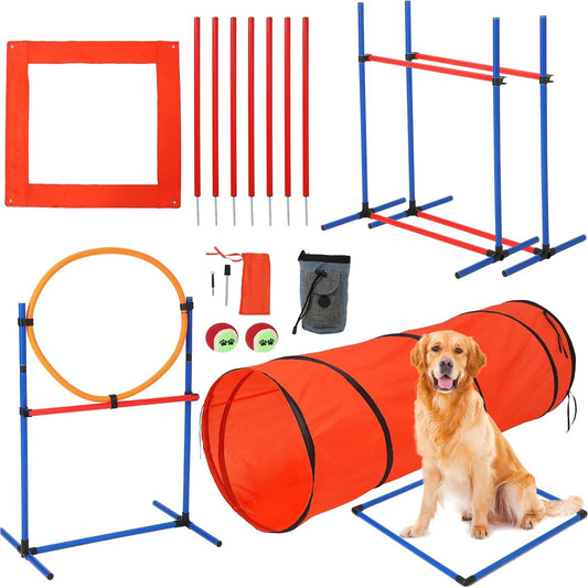 87 Pcs Dog Agile Training Equipment Set Obstacle Course Kit with 70 Inch Tunnel Tire Jump Hurdle Jump and Weave Poles for Outdoor Game