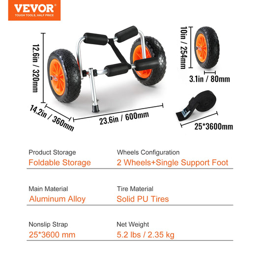 VEVOR Kayak Cart 250lbs Foldable Canoe Trolley Cart with 10'' Tires Support Foot for Paddleboards Float Mats Jon Boats
