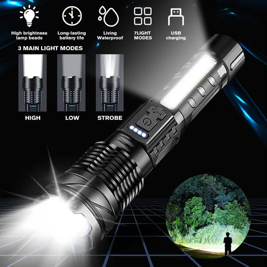 Zoomable Super Bright 30W 7 Mode COB LED Tactical Flashlight Portable Rechargeable Outdoor Lamp Built in Battery