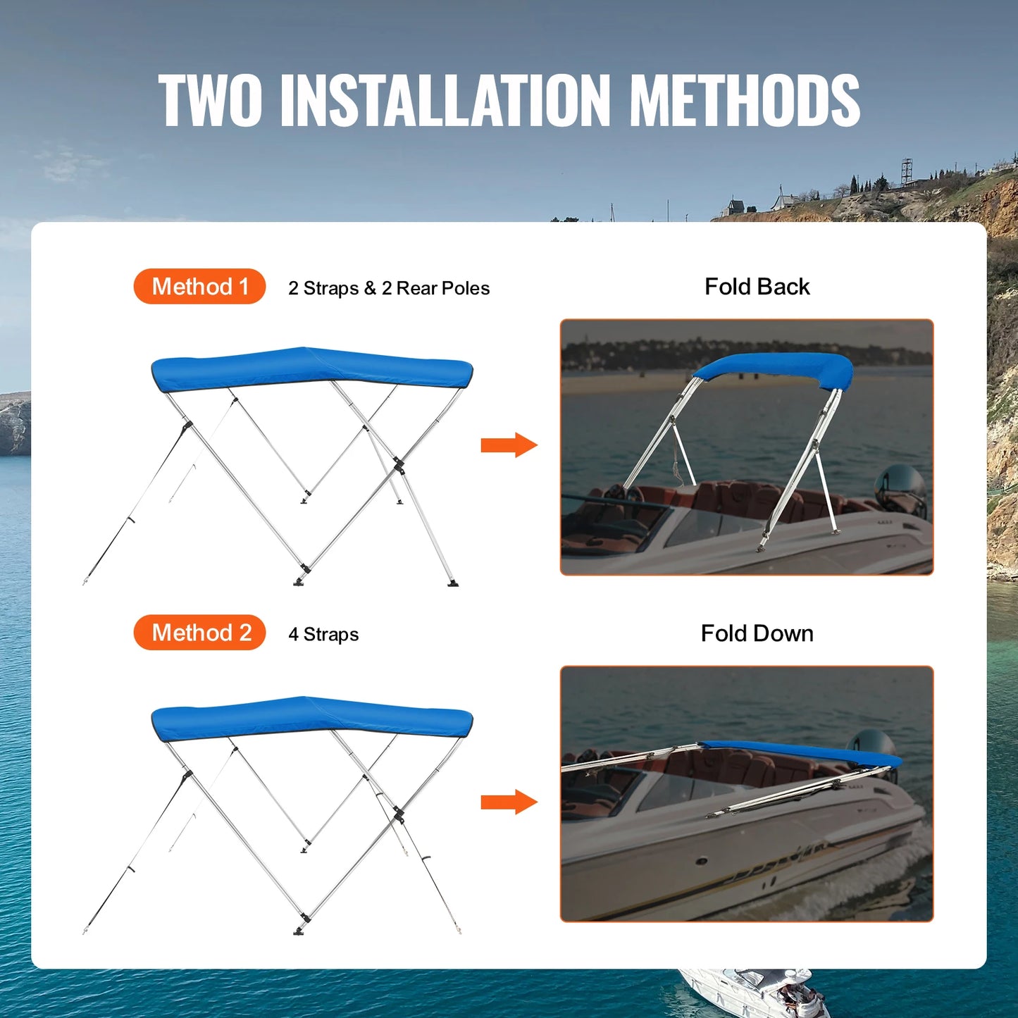 VEVOR 3 Bow Bimini Top Boat Cover900D Polyester Canopy with 1" Aluminum Alloy Frame Waterproof and Sun Shade, Includes Storage