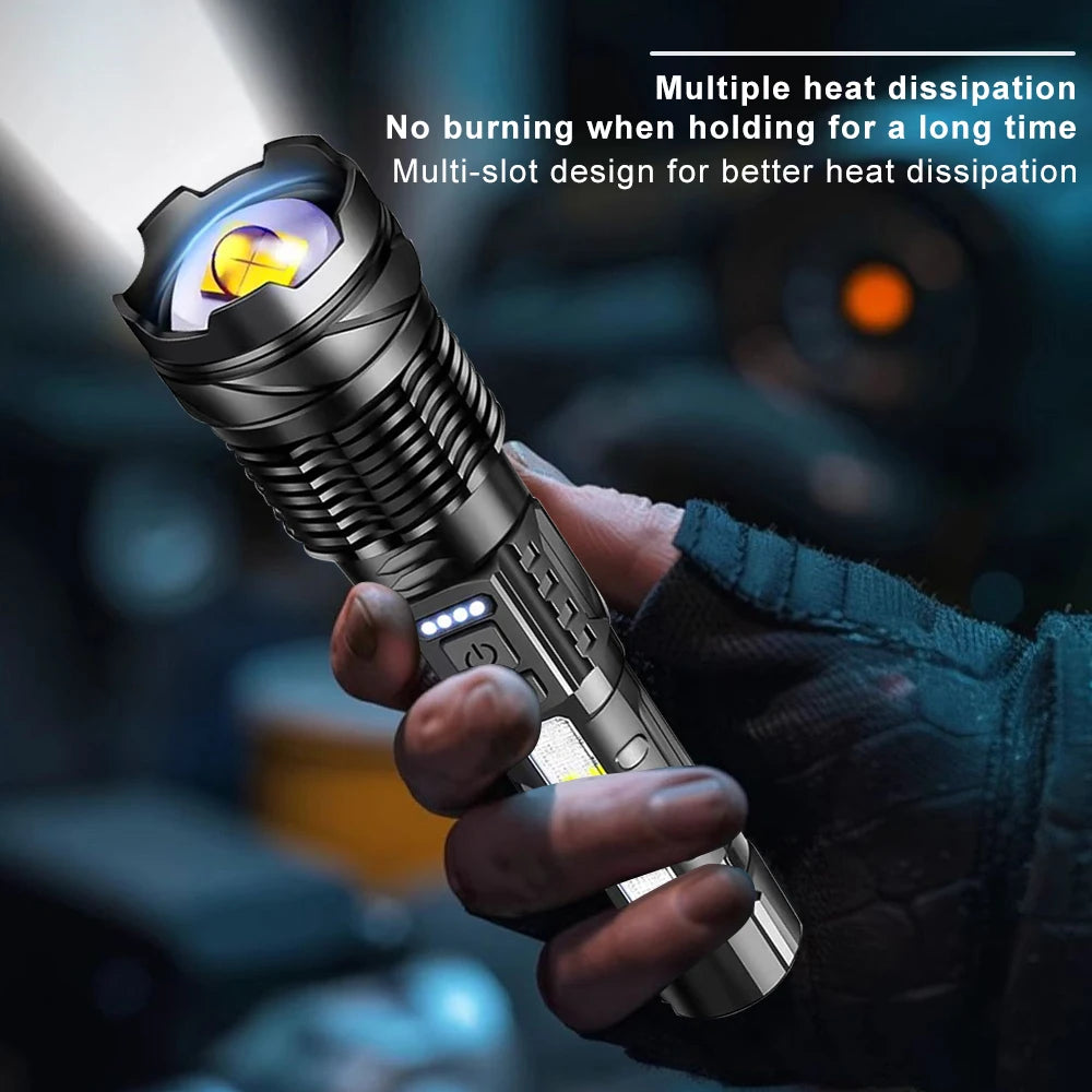 Zoomable Super Bright 30W 7 Mode COB LED Tactical Flashlight Portable Rechargeable Outdoor Lamp Built in Battery